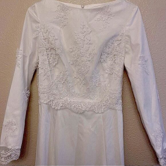 White lace Long Sleeve wedding elopement modest Courthouse LDS Temple dress S - Picture 2 of 14